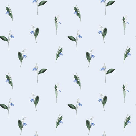 Seamless pattern with bouquet of the light blue scillas and white lilies of the valley and green leaf - first spring flowers with bow. Watercolor botanical isolated illustration of flowers. Hand drawnの写真素材