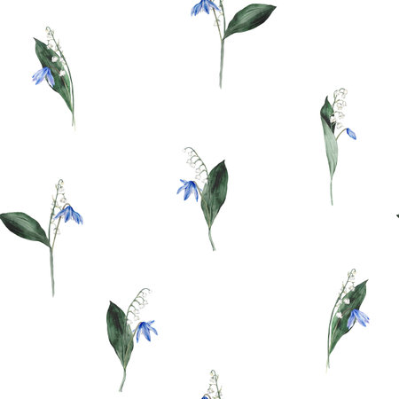 Seamless pattern with bouquet of the light blue scillas and white lilies of the valley and green leaf - first spring flowers with bow. Watercolor botanical isolated illustration of flowers. Hand drawnの写真素材