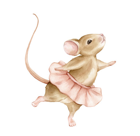 Hand drawn watercolor illustration mouse ballerina in a pink tutu. Beige brown cute animals dancing classic ballet performance pose. Young ballerina kid illustration isolated.の写真素材