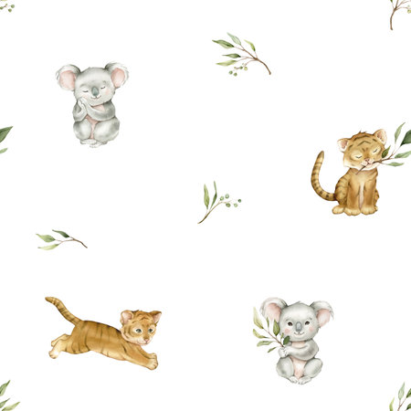 Seamless pattern with green eucalyptus leaves and cute tiger and koala. Watercolor isolated illustration on white background. Cartoon kids print with animals minimalist scandinavian style.の写真素材
