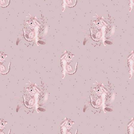 Seamless pattern with childish illustration of a pink leopard and leaves. Hand drawn watercolor illustration on isolated background. Seamless bubbles print light color.の写真素材