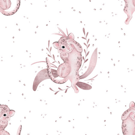 Seamless pattern with childish illustration of a pink leopard with branch leaves. Hand drawn watercolor illustration on isolated background. Baby animal for baby design in minimalist style.の写真素材