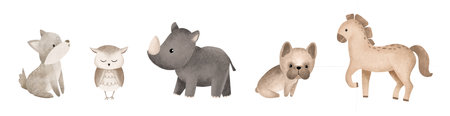 Set of cartoon animals. Hand drawn illustration of beige French Bulldog and horse. Collection animal of grey color wolf and owl. Childrens clipart dark grey rhinoceros. Minimalist scandinavian styleの写真素材