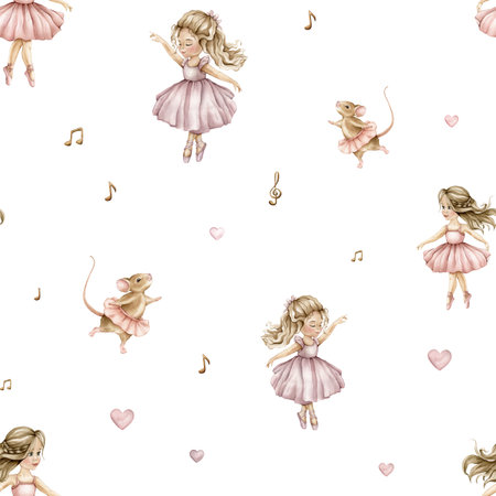 Watercolor seamless pattern with cute little ballerinas and mouse. Hand drawn illustration heart and notes or treble clef on isolated background. Background for girl textile with dancing in pink dressの写真素材