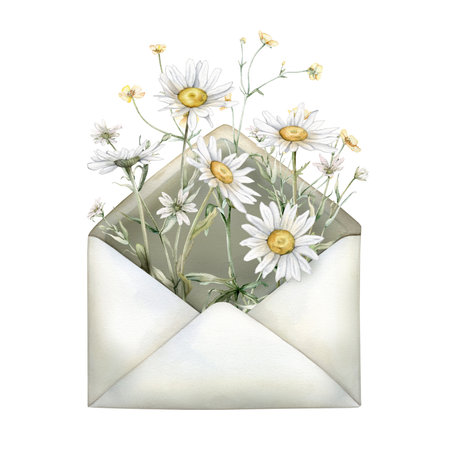 Open beige vintage envelope with bouquet of daisy and yellow flowers. Hand drawn watercolor illustrations isolated on a white background. White and yellow botanical plants. Message of envelope.の写真素材