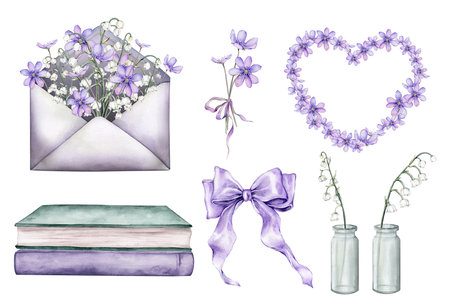 Watercolor set of books and open violet envelope with first spring flowers. Hand drawn coppice and lily of the valley and lilac bow. Illustration glass jar and white flowers on isolated backgroundの写真素材