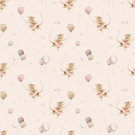 Seamless pattern with hand drawn watercolor illustration mouses ballerina in a pink tutu and balloons. Beige cute animals dancing ballet pose and flying confetti. Repeat wallpaper for Birthday design.の写真素材