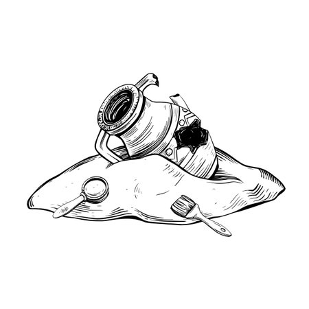 Archaeological find vector illustration in linear drawing style. Hand drawn drawing sketch of discovery from adventure or camping on isolated background. Broken antique jug, magnifying glass, brush.のイラスト素材