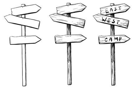 Signpost wooden set sketch in hand drawn style for adventure or camping on isolated background. Vector graphic illustration wood pointer ways for tourism trip or hiking in linear drawing style.のイラスト素材