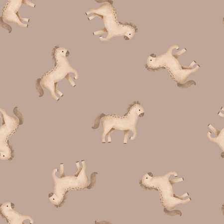 Seamless pattern with cartoon animal. Hand drawn illustration of beige brown cute horse on isolated background. Minimalist scandinavian repeat pattern. Rural farm animals.の写真素材