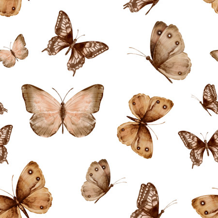 Brown and beige butterflies in vintage style on a brown background, seamless pattern. Watercolor illustration. For fabric,textiles, wallpaper, wrapping paper, wrappers, covers, prints, clothing.の写真素材