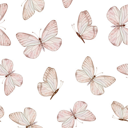 Seamless pattern with Pastel beige and coral butterflies in vintage style on a isolated background. Watercolor illustration for fabric,textiles, wallpaper, wrapping paper, covers, prints, clothing.の写真素材