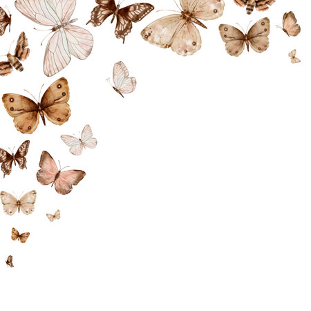Butterflies are beige and brown flying and moth in vintage style. Hand drawn watercolor illustration. Square frame, template on a white background, for designの写真素材