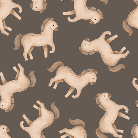 Seamless pattern with cartoon animal. Hand drawn illustration of beige brown cute horse on isolated background. Minimalist scandinavian repeat pattern. Rural farm animals.の写真素材