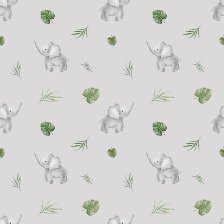 Seamless pattern with leaves monstera and african animals rhinoceros and elephant for childrens design. Hand drawn illustration Cute Print for childish textile design or wallpaperの写真素材