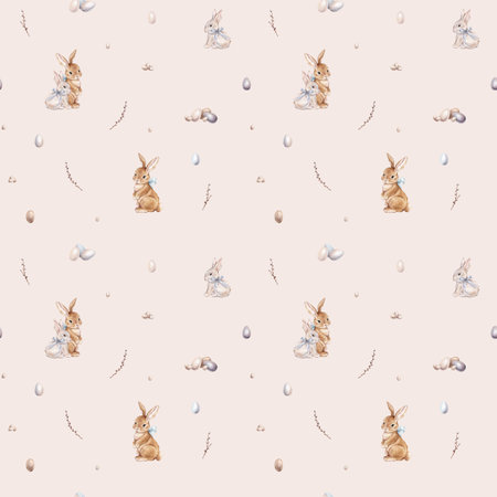 Watercolor seamless pattern with easter bunny with bow and colors eggs. Repeat pattern pastel color with rabbit. Tender watercolor hand drawn illustration willow. For Easter design.の写真素材