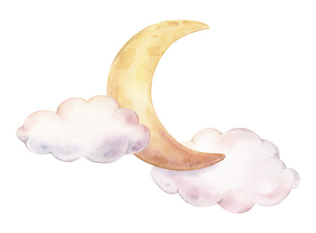 Hand drawn watercolor illustration of the moon and clouds for Baby shower invitations or nursery wall art. Drawing sky perfect for conveying a dreamy, mystical atmosphere for kids greeting cards.の写真素材