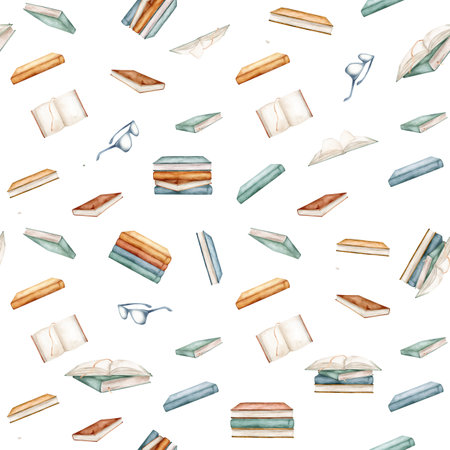 Seamless pattern with watercolor illustration books. Repeat ornament isolated on background. Open and stack of books clipart brown green colors. Vintage old textbooks and glasses watercolor hand drawnの写真素材