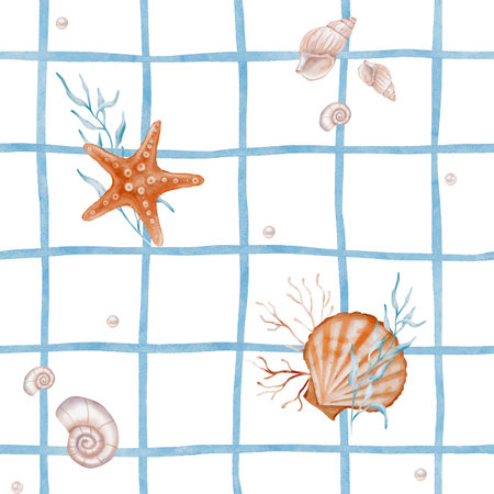 Watercolor seamless Pattern with Undersea Stars and Seaweed, Seashell, pearl on checkered background. Nautical background with childish starfish for baby textile or nursery wallpaper in pastel colorの写真素材