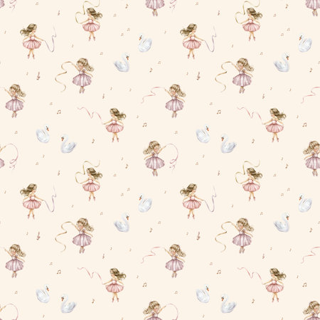Watercolor seamless pattern with cute little ballerinas with ribbons and swans. Hand drawn illustration heart and notes or treble clef on isolated background. Background for girl textile with dancingの写真素材
