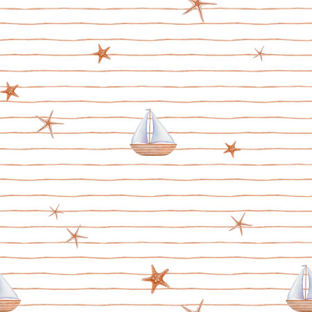 Watercolor seamless Pattern with Undersea Stars and sailboat on striped background for kid. Nautical background with childish starfish for baby textile or nursery wallpaper in pastel colorの写真素材
