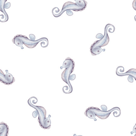 Watercolor seamless pattern of illustrations of SeaHorse on isolated. Hand drawn sea horse in blue violet pastel color. Repeat ornament Drawing of in nautical styleの写真素材