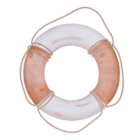 Watercolor illustration sea lifebuoy orange red and white safeties ring with rope. Hand drawn marine rescue equipment isolated on white background for production. Sketch for childish designの写真素材