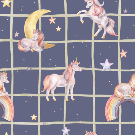 Seamless watercolor pattern with Unicorn and multicolored stars on isolated checkered background. Hand drawn Illustrations of background for baby textiles. Pastel colors pony with rainbow and moonの写真素材