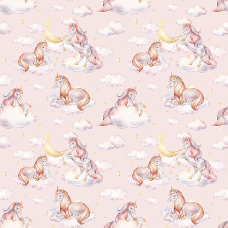 Seamless watercolor pattern with Unicorn and yellow stars, and clouds. Hand drawn Illustrations of background for nursery wallpaper, baby decor, textiles, or children paper. Pastel colors ponyの写真素材