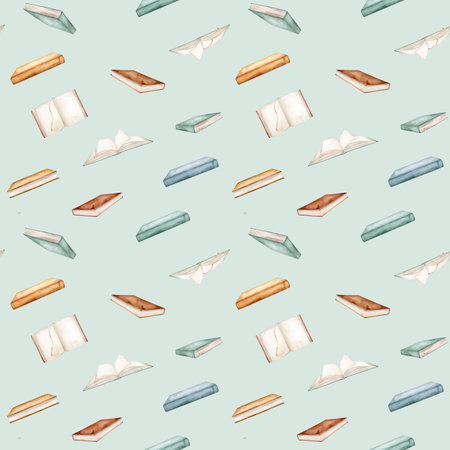 Seamless pattern with watercolor illustration books. Repeat ornament isolated on background. Open and stack of books clipart brown green colors. Vintage old textbooks hand drawnの写真素材