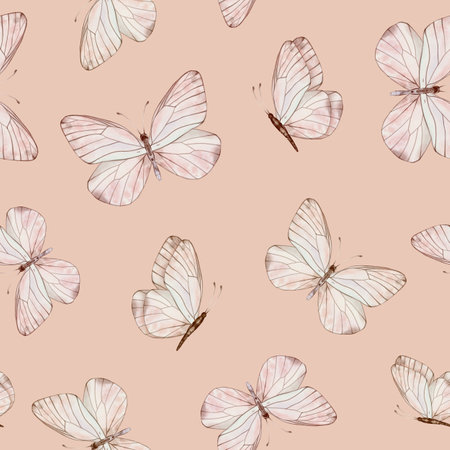 Seamless pattern with Pastel beige and coral butterflies in vintage style on a isolated background. Watercolor illustration for fabric,textiles, wallpaper, wrapping paper, covers, prints, clothing.の写真素材