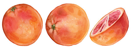 Set of slice and whole grapefruit. Hand drawn watercolor illustration of orange red tropical citrus. Food on white isolated background. Drawing of citrusの写真素材