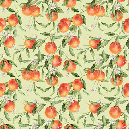 Seamless pattern with watercolor illustration of grapefruit with white flowers. Hand painted print...