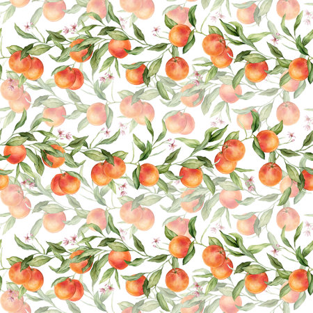Seamless pattern with watercolor illustration of grapefruit with pink flowers. Hand painted print...