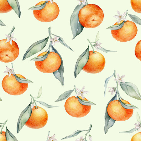 Seamless Pattern with Orange Fruit Branches, green leaves and white flower. Hand drawn watercolor illustration of citrus food for textile design. Print with tangerine on light isolated background.の写真素材