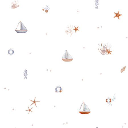 Watercolor seamless pattern with Seashell and Pearls and sea elements on isolated background. Hand drawn vintage repeat ornament with Sea boat and stars, fish for design in nautical style.の写真素材