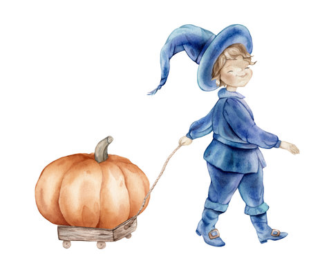 Whimsical wizard in a blue suit and hat with a wooden cart with Pumpkin, perfect for Halloween. Hand drawn fantasy illustration of a magical character, charming and enchanting.の写真素材