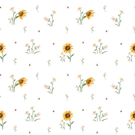 Seamless watercolor pattern with daisies, sunflowers, and bees. Hand-drawn floral and insect...