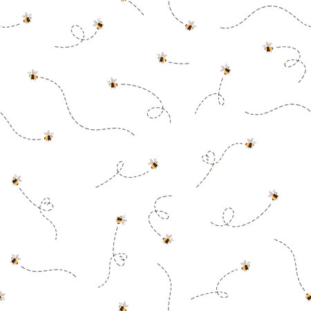 Seamless pattern with cute bees and dotted flight paths. Hand-drawn illustrations perfect for childrens textiles, nursery decor, and playful designs. Bright, charming, and full of natures whimsy.の写真素材