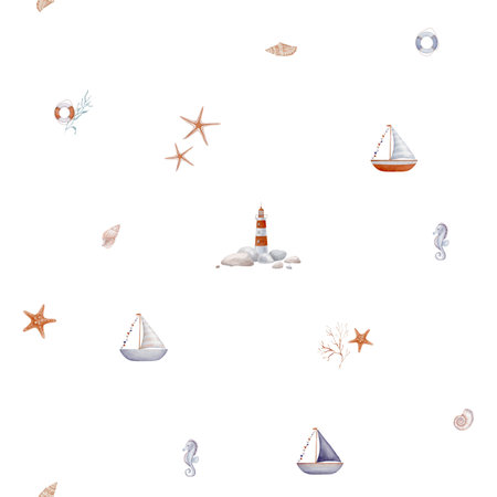 Watercolor seamless Pattern with Undersea Stars and lighthouse and sailboat on isolated background. Nautical background with childish Sea Horse for baby textile or nursery wallpaper in pastel colorの写真素材