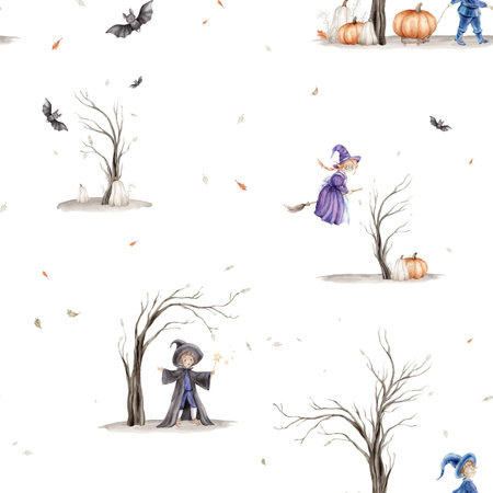 Halloween seamless pattern with watercolor illustration with wizard with a magic wand. Drawing of autumn trees without leaves and witch with on a broomstick, pumpkin and fall leaves, cute black batの写真素材