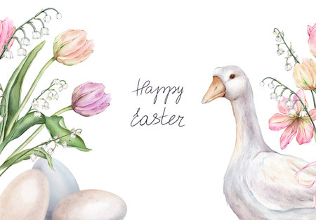 Happy Easter card with watercolor cute goose and tulips, paint eggs, spring flowers in pastel colors. Easter watercolor posters with tulips and lilies of the valley greeting card or bannerの写真素材