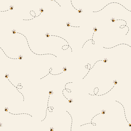Seamless pattern with cute bees and dotted flight paths. Hand-drawn illustrations perfect for childrens textiles, nursery decor, and playful designs. Bright, charming, and full of natures whimsy.の写真素材