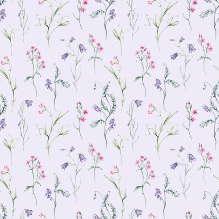 Watercolor seamless pattern white background - illustration with green leaves, pink blue purple buds and branches. Wildfield herbs flowers. Wedding invites, fashion, prints, backgrounds. Wildflowersの写真素材