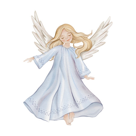 Christmas angel watercolor illustration, Christian Nativity angel with wings isolated on white background, design for religious baptism invitation, greeting card. Angel with light hair and blue dress.の写真素材