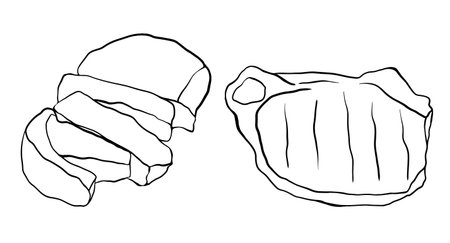 Sketch of piece of meat. Hand drawn ink vector illustration of steak. Linear graphic elements beef or por for design isolated on white background.のイラスト素材
