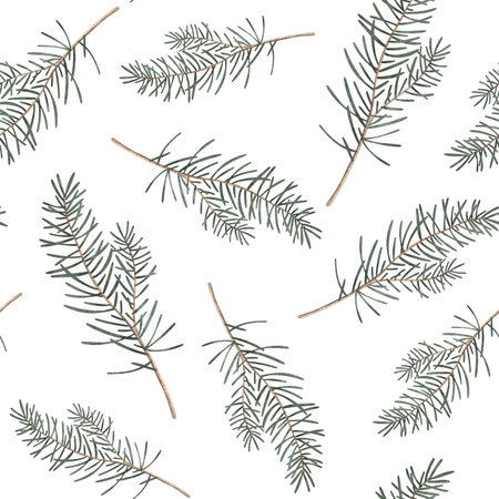 Seamless pattern with watercolor Christmas tree branches or pine branches. Hand painted illustration on isolated background. Seamless banner garland for new year.の写真素材