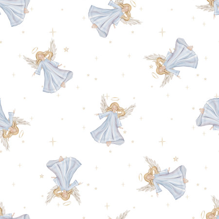 Seamless pattern with cute Christmas angel with light hair and blue dress in minimalist scandinavian style. Hand drawn illustration repeat ornament with stars childrens design.の写真素材