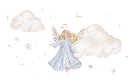 Christmas composition with angel nimbus among the clouds. Watercolor illustration of angel with wings and stars isolated on background for religious baptism invitation.の写真素材