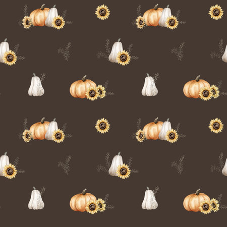 Seamless Pattern with Watercolor Illustration of White and Orange Pumpkins with Stem and climbing plants and Flowers. Hand Drawn Art for Autumn Decor and Harvest repeat print on isolated background.の写真素材